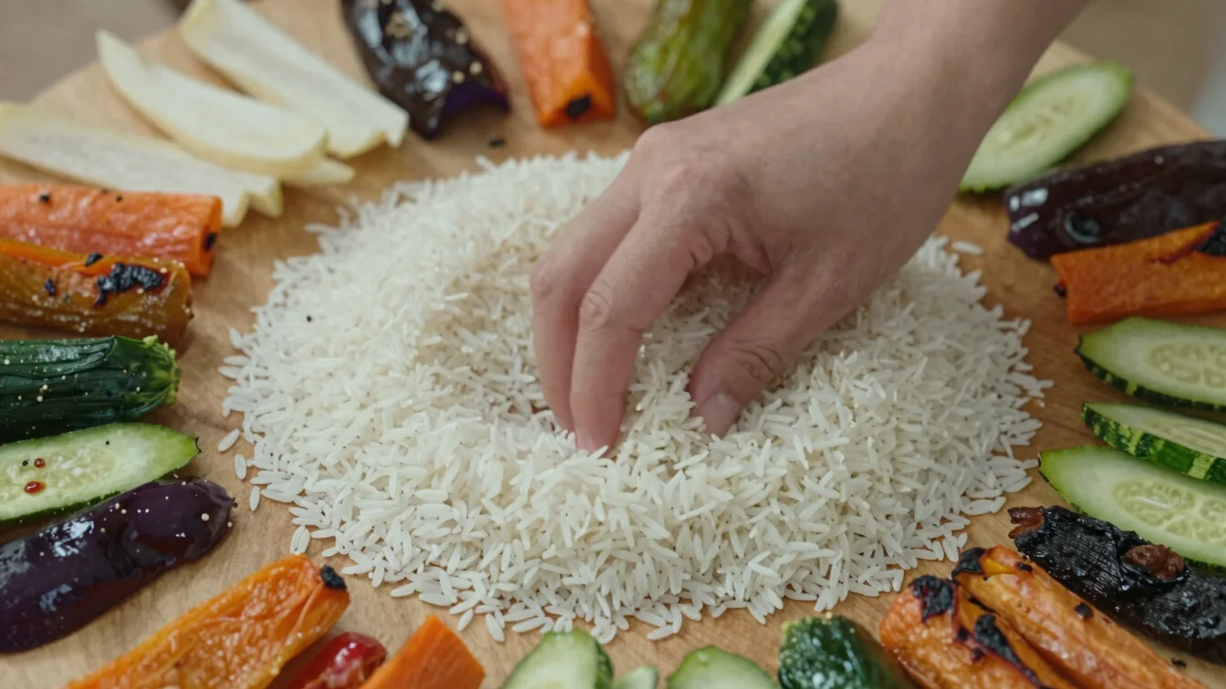 Close overhead detail of a hand portioning rice and roasted vegetables onto a wooden board, soft daylight, realistic foo