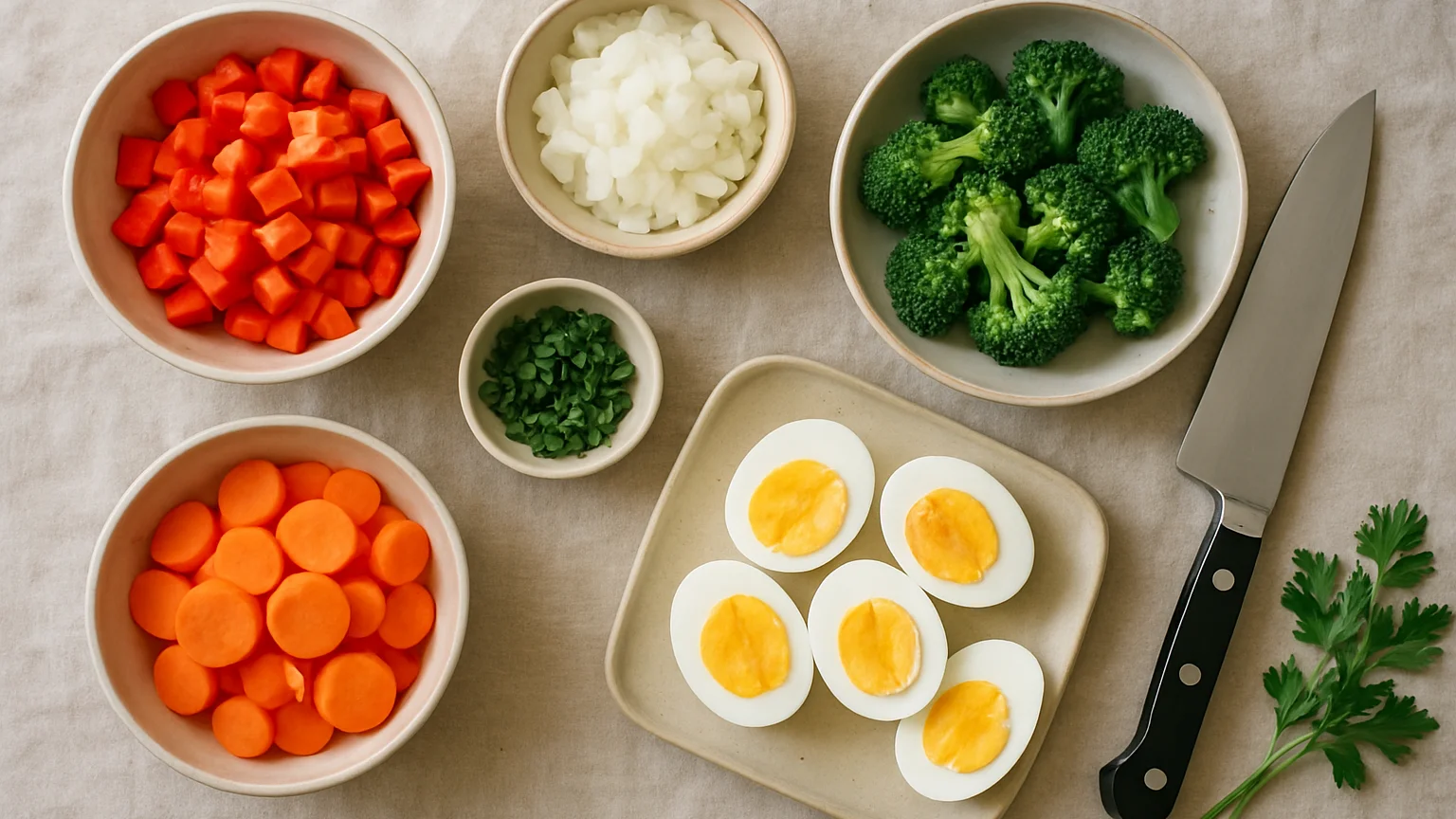 Overhead view of a planned meal prep layout with chopped vegetables, eggs and herbs arranged across a linen-covered coun