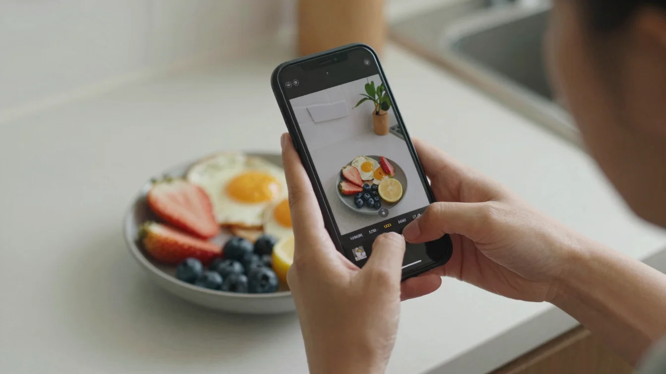 Person's hands holding a phone above a breakfast bowl, logging the meal, warm daylight on a kitchen counter, close detai