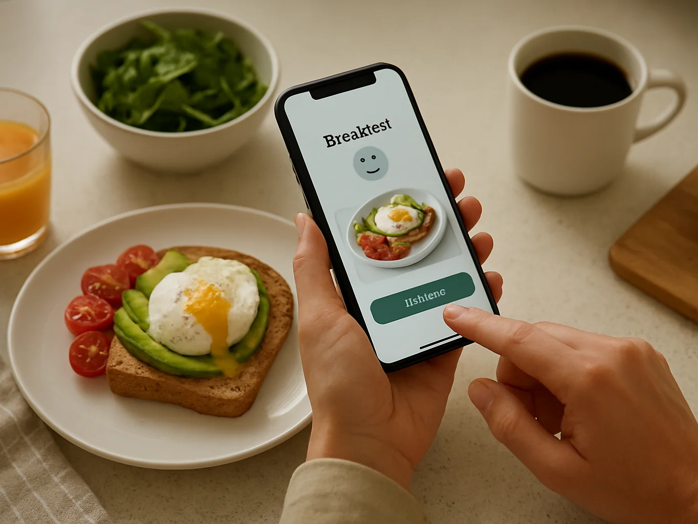 Close detail of a person's hands using a phone at a kitchen count