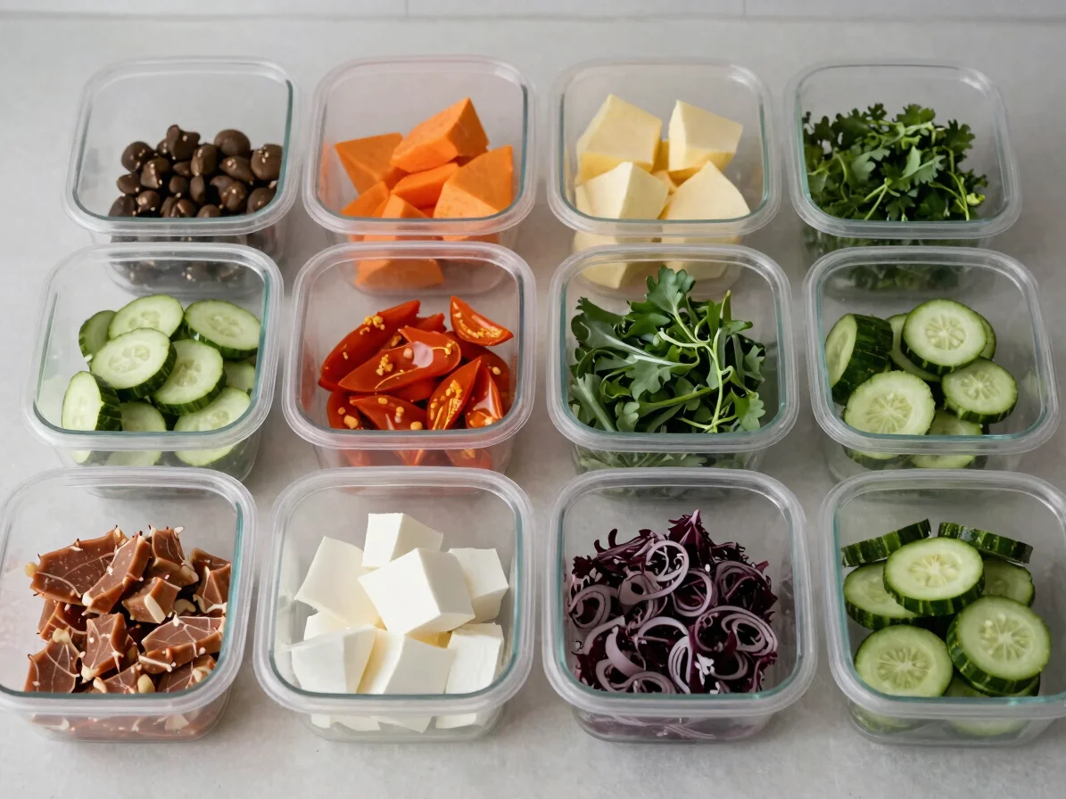 Overhead view of portioned ingredients arranged in containers for