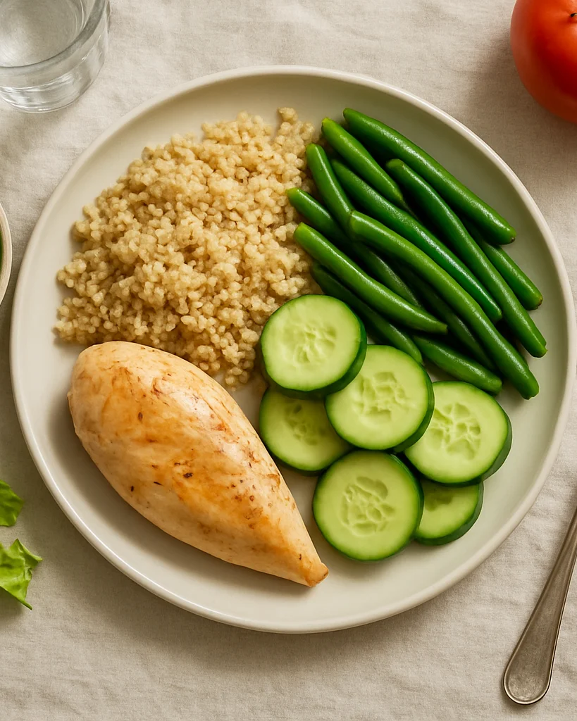 Overhead editorial food photograph of a simple planned lunch with fresh vegetables, grains, and protein portioned on a n