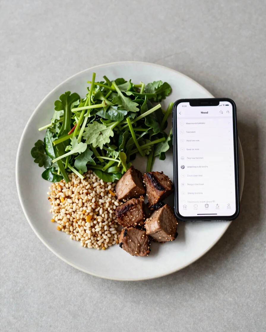 Overhead studio photograph of a planned weekday meal on a light c